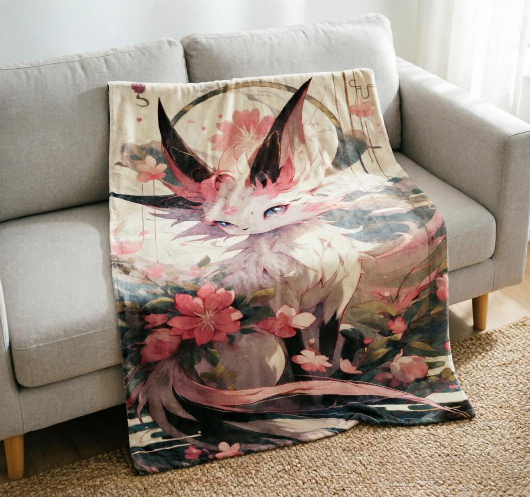 Sylveon Ukiyo Art Throw, Japanese Cherry Blossom Anime Blanket (Soft Flannel)