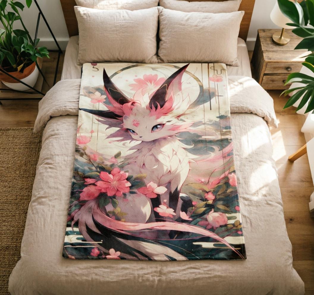 Sylveon Ukiyo Art Throw, Japanese Cherry Blossom Anime Blanket (Soft Flannel)
