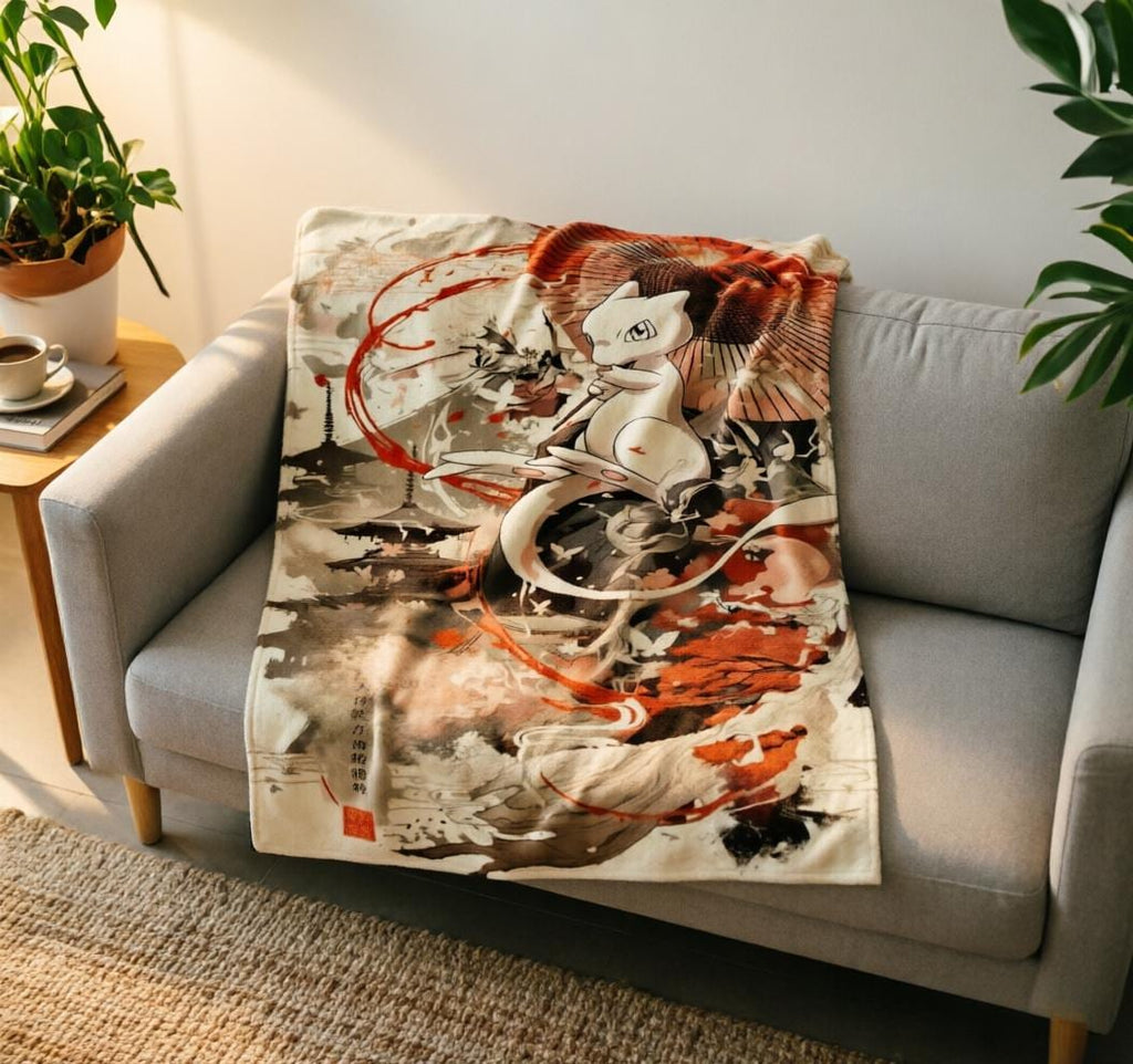 Retro Mew Pokemon Blanket Soft Throw, Nature Ukiyo Art Throw, Unique Home Decor Gift For Collector