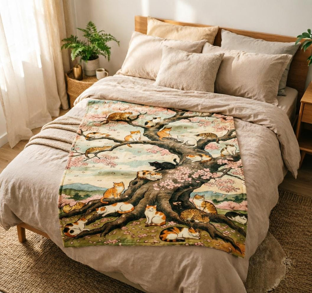 Vintage Japanese Cat Cherry Blossom Throw, Soft Flannel Cozy Blanket