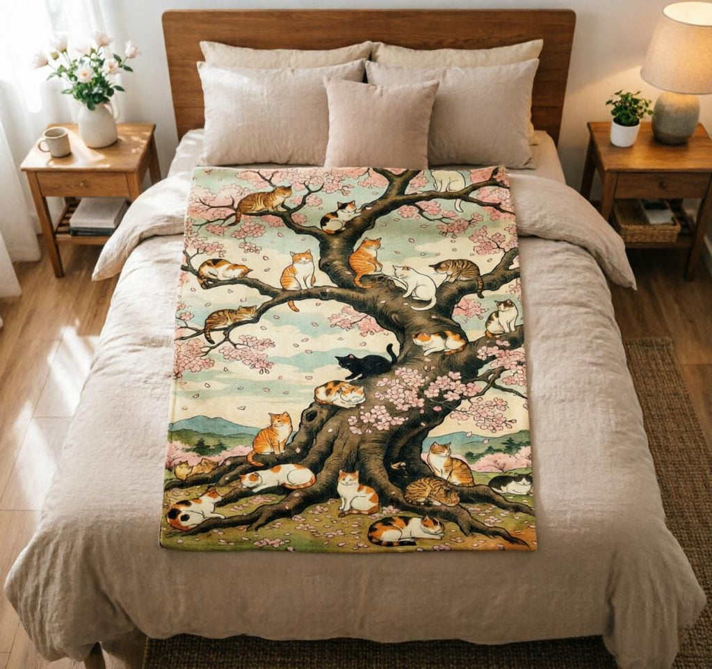 Vintage Japanese Cat Cherry Blossom Throw, Soft Flannel Cozy Blanket