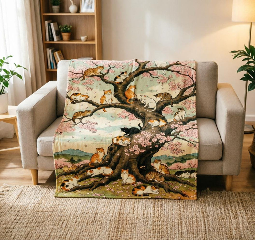 Vintage Japanese Cat Cherry Blossom Throw, Soft Flannel Cozy Blanket