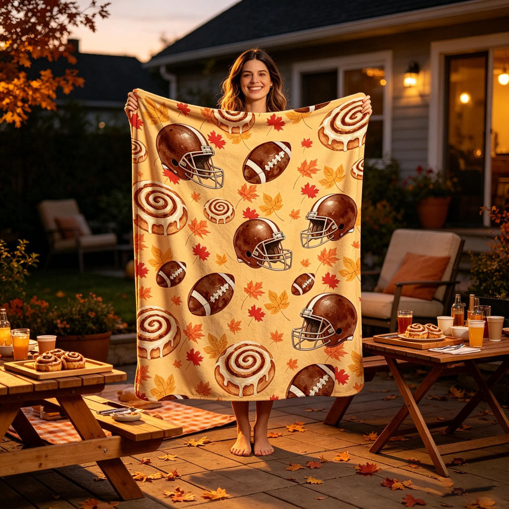 Football and Cinnamon Roll Throw, Fall Sports Blanket, Watercolor Flannel, Cozy Game Day, Gift for Sports Fan