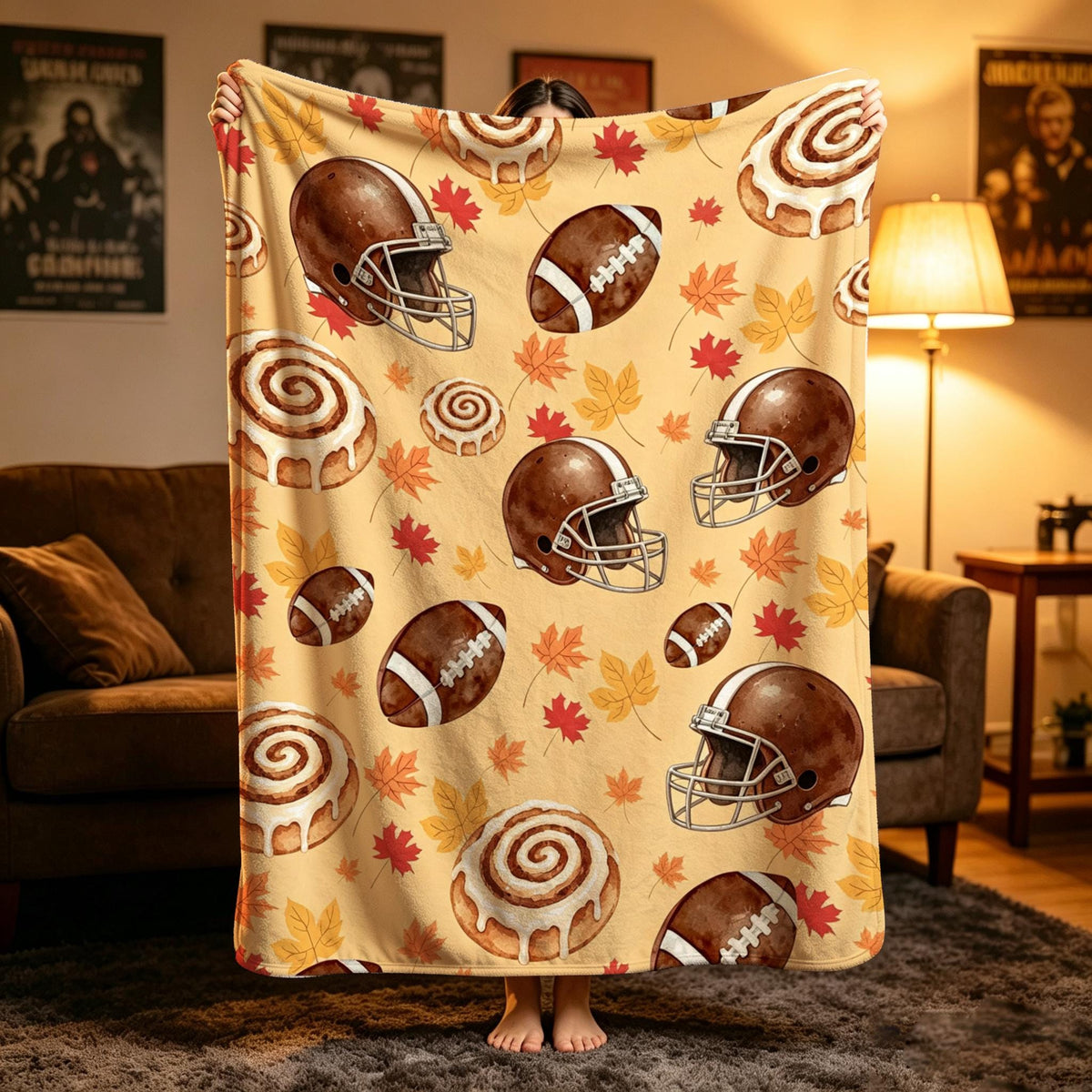 Football and Cinnamon Roll Throw, Fall Sports Blanket, Watercolor Flannel, Cozy Game Day, Gift for Sports Fan