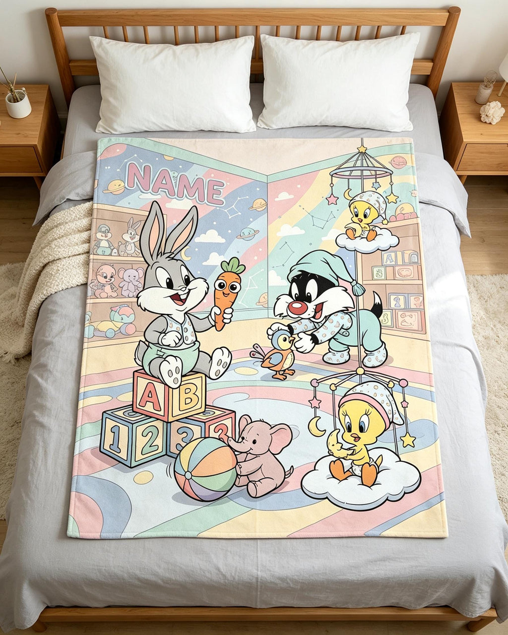 Personalized Baby Looney Tunes Blanket Soft Throw Pastel Kid Bedroom Present