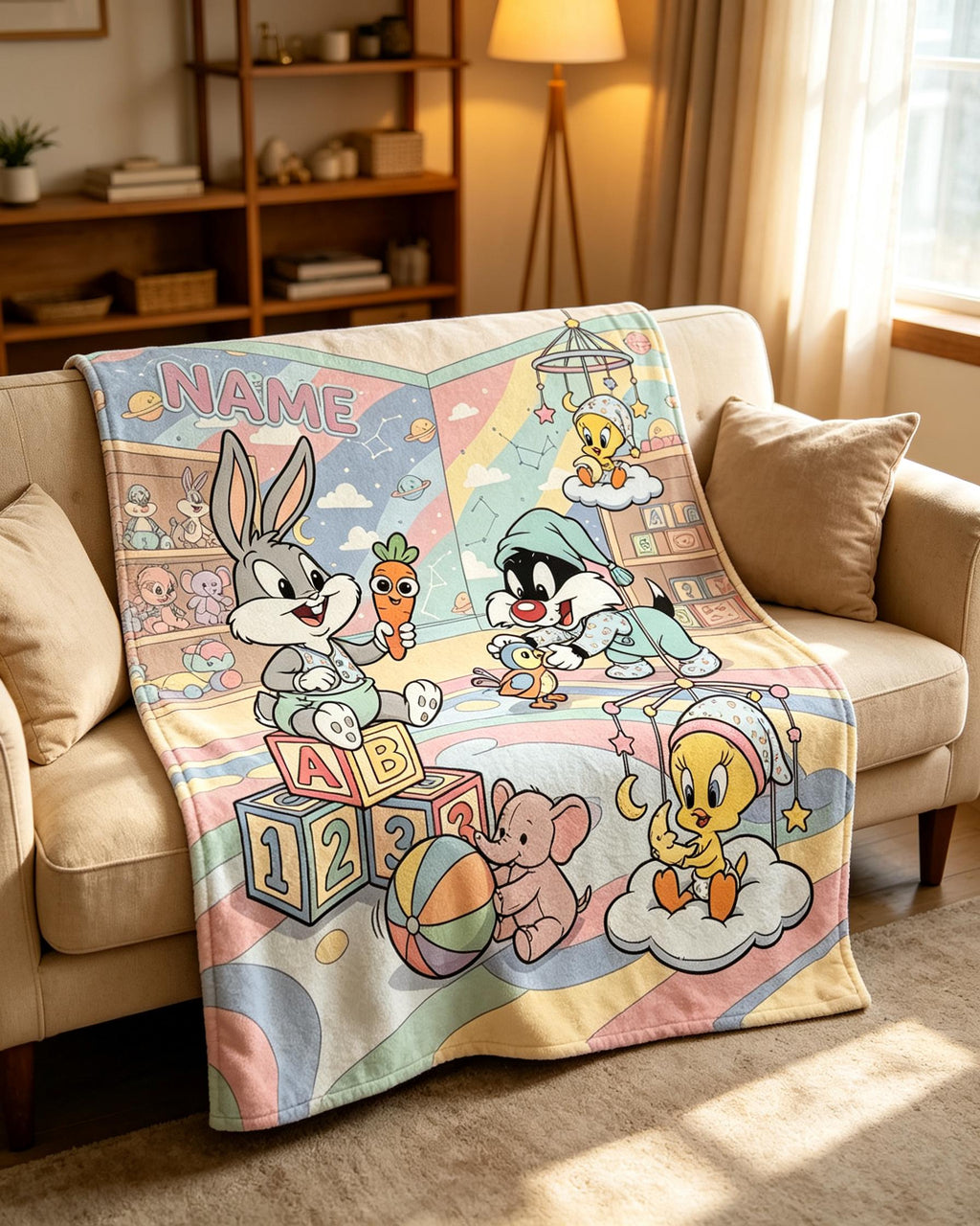 Personalized Baby Looney Tunes Blanket Soft Throw Pastel Kid Bedroom Present