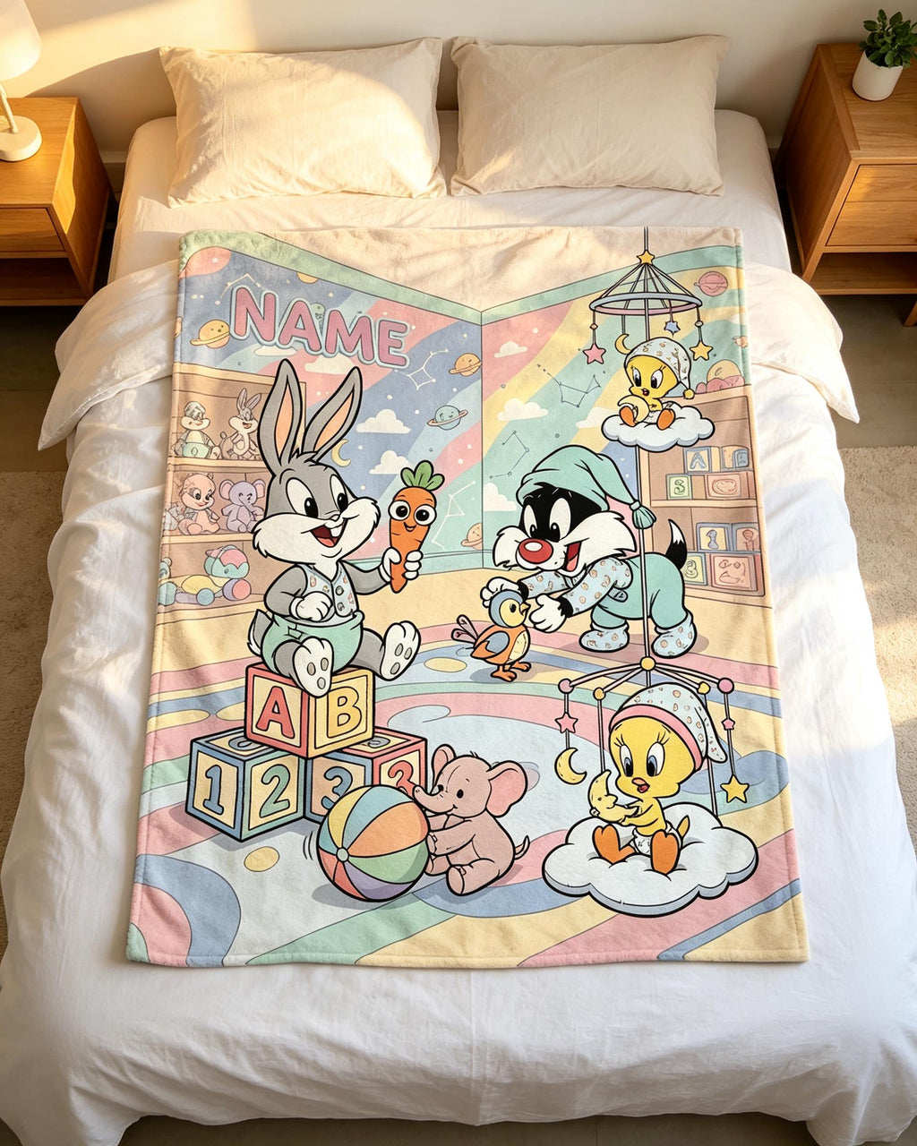 Personalized Baby Looney Tunes Blanket Soft Throw Pastel Kid Bedroom Present
