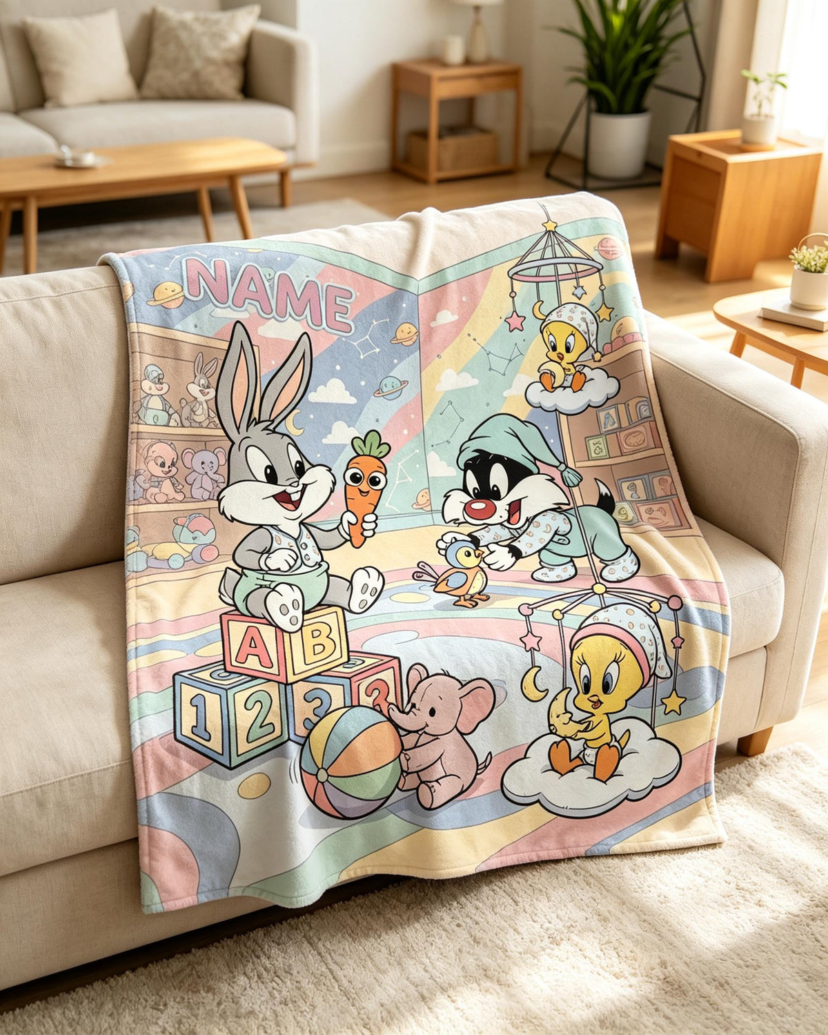 Personalized Baby Looney Tunes Blanket Soft Throw Pastel Kid Bedroom Present
