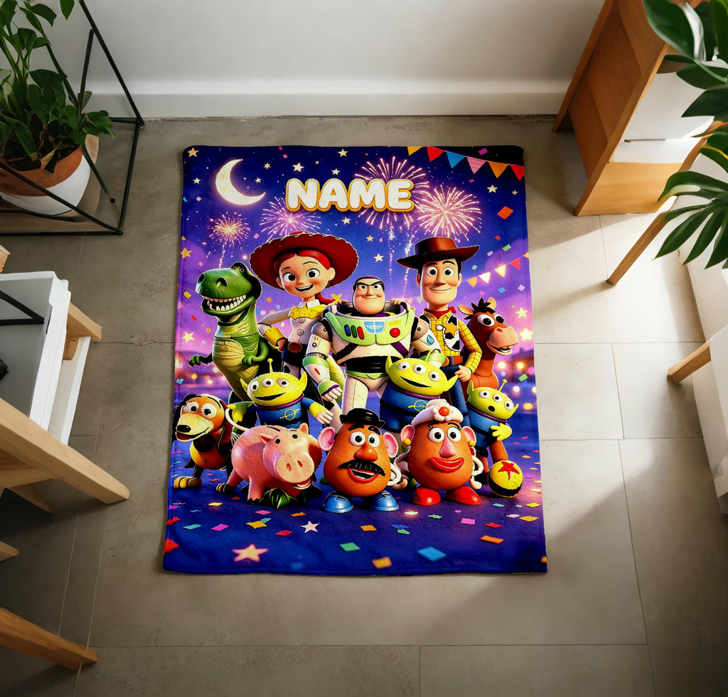 Custom Name Toy Story Blanket Soft Throw, Night Sky Firework Print, Personalized Kids Fleece