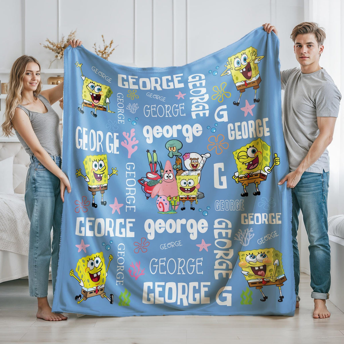 Personalized SpongeBob Blanket, Custom Name Cartoon Blanket, Kids Character Gift, Birthday Gift, Personalized Kids Blanket