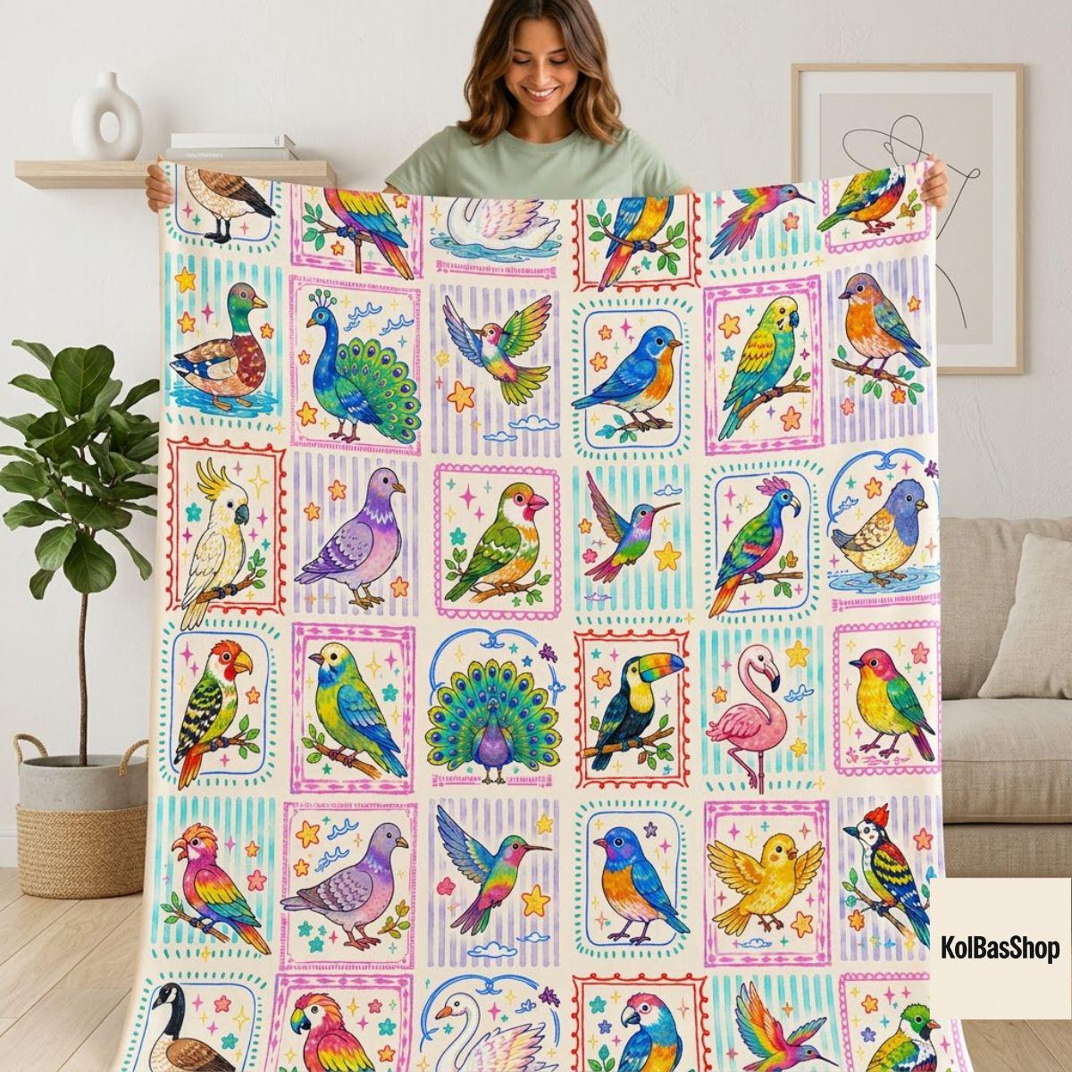 Watercolor Birds Fleece Blanket, Cute Avian Pattern Throw, Nature Lover Gift, Cottagecore Birdwatching Home Decor for Her
