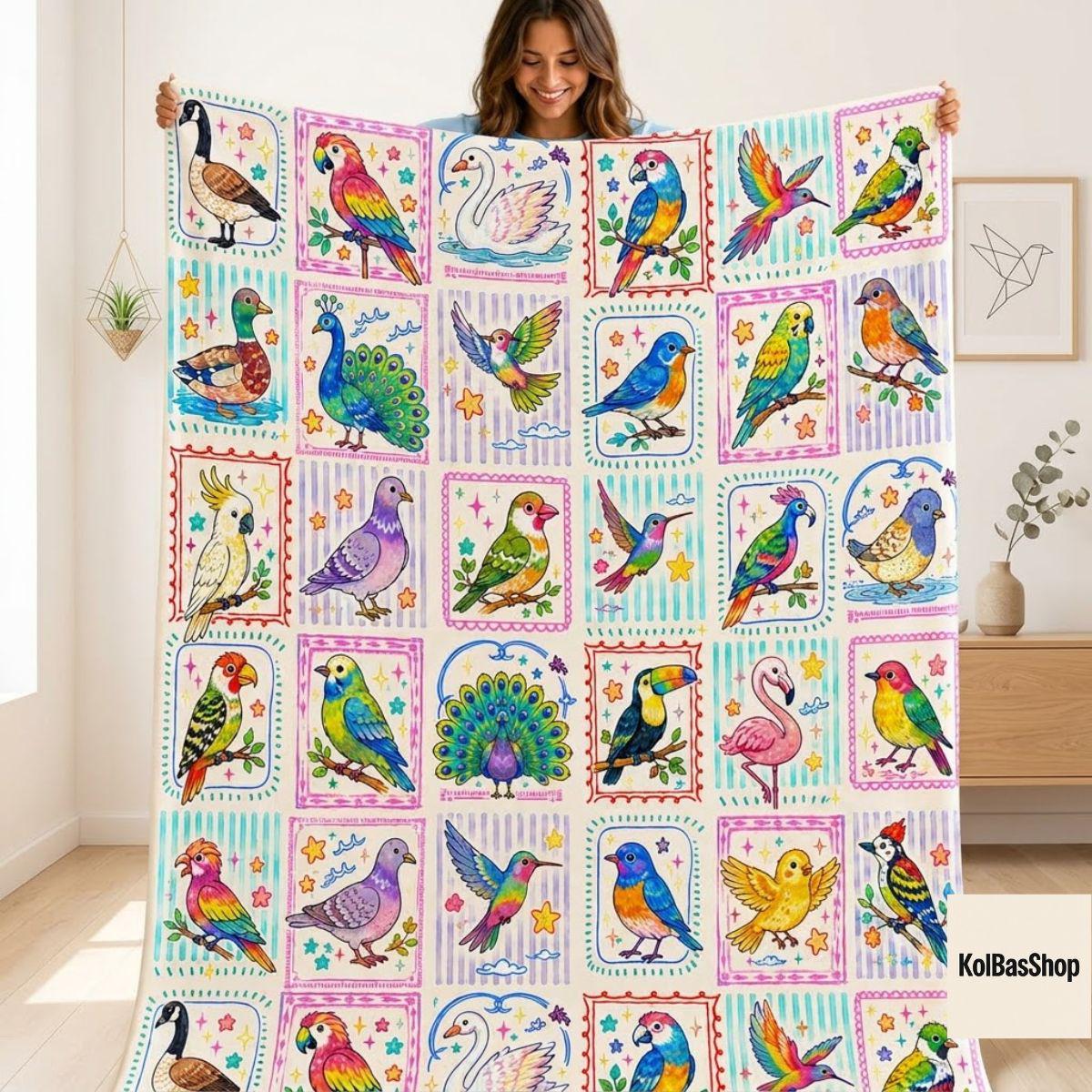 Watercolor Birds Fleece Blanket, Cute Avian Pattern Throw, Nature Lover Gift, Cottagecore Birdwatching Home Decor for Her