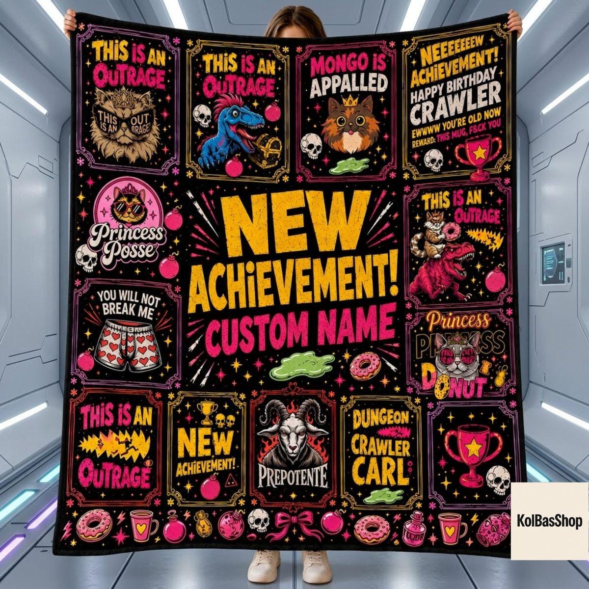 PersonalizedDungeon Crawler Carl Fleece Blanket, New Achievement Gamer Decor, Princess Donut Throw Nerd Fantasy Blanket, Cozy Gaming Decor