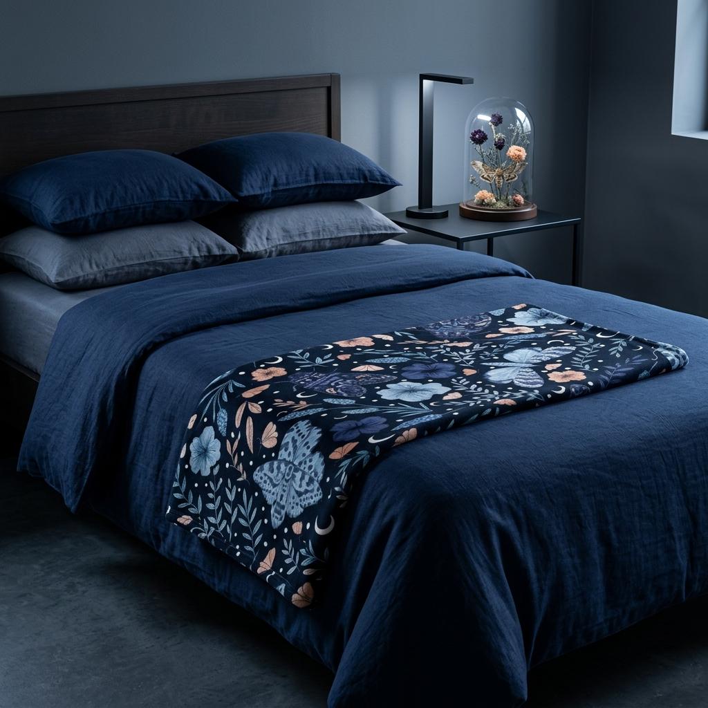 Dark Cottagecore Lover Blanket, Navy Moth Floral Throw, Mystical Night Flannel, Cozy Home Decor, Gift for Nature Lover