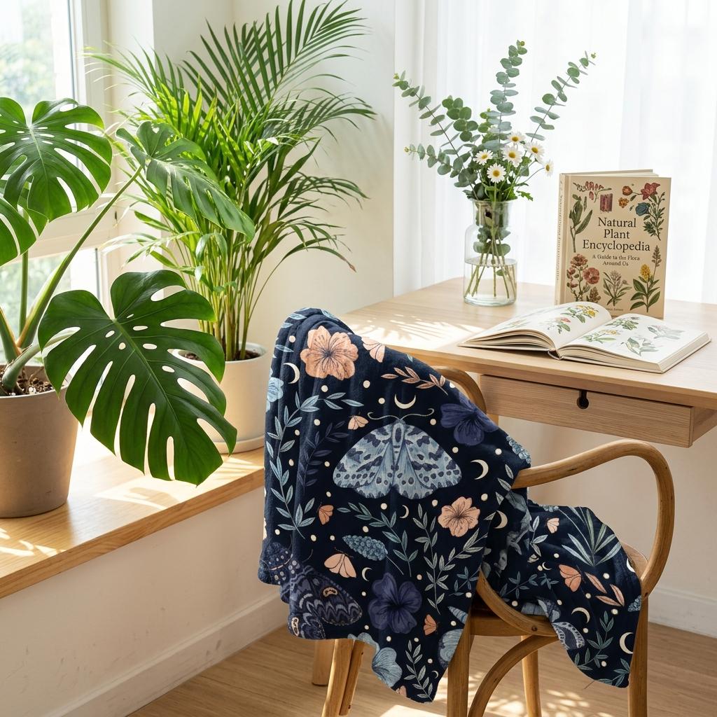 Dark Cottagecore Lover Blanket, Navy Moth Floral Throw, Mystical Night Flannel, Cozy Home Decor, Gift for Nature Lover