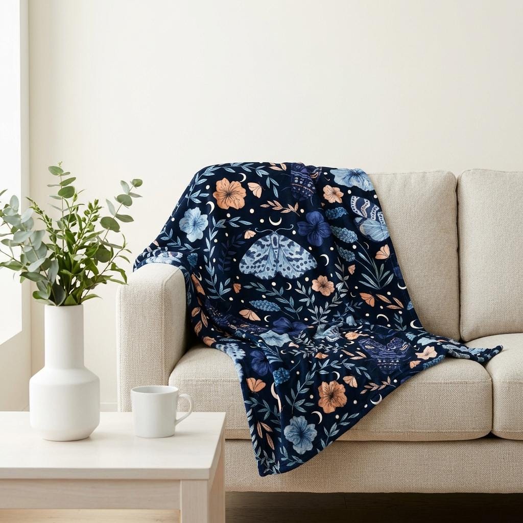 Dark Cottagecore Lover Blanket, Navy Moth Floral Throw, Mystical Night Flannel, Cozy Home Decor, Gift for Nature Lover