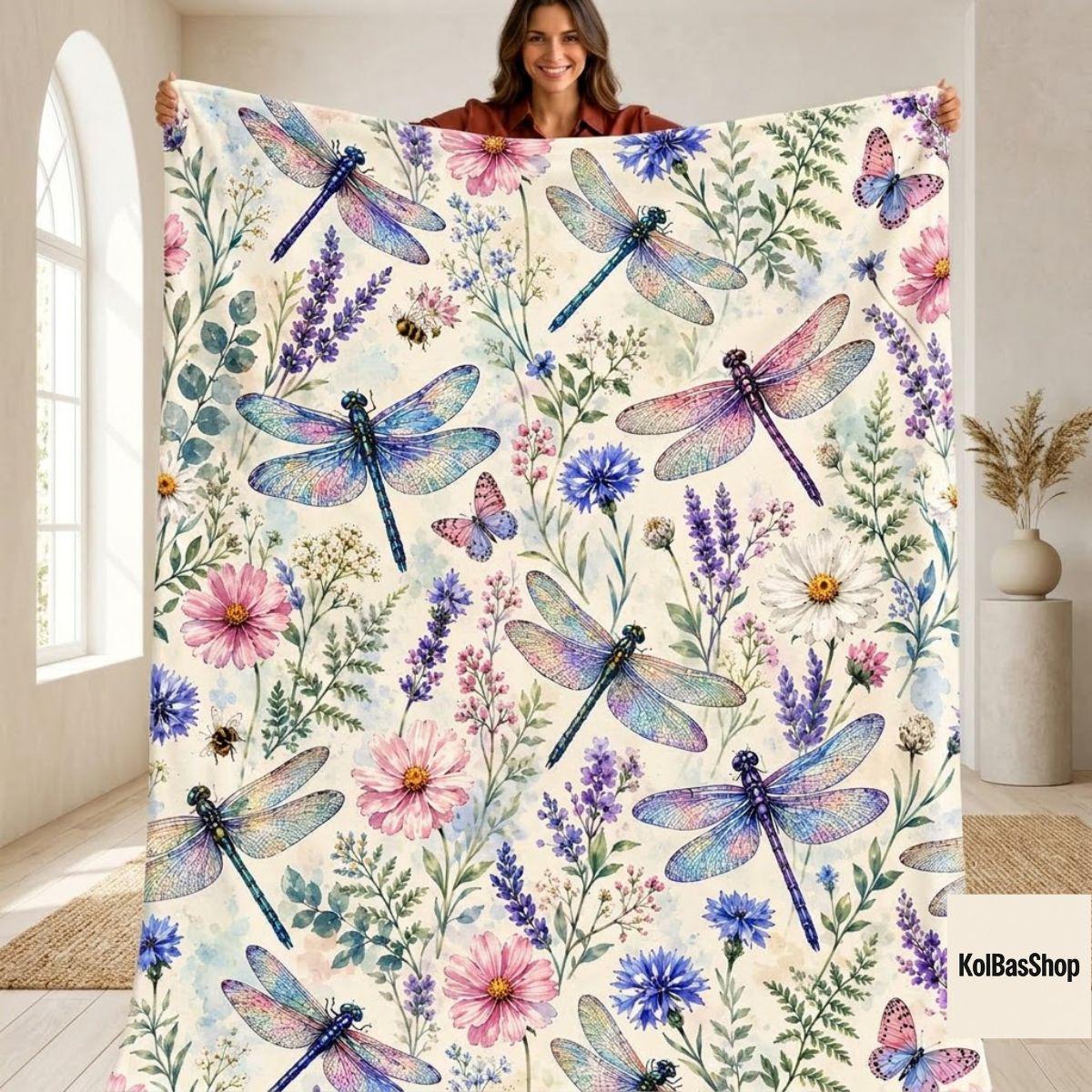 Wildflower Dragonfly Blanket, Lavender Floral Garden Throw, Cottagecore Wildflower Butterfly Fleece Blanket, Gift for Mom and Nature Lover
