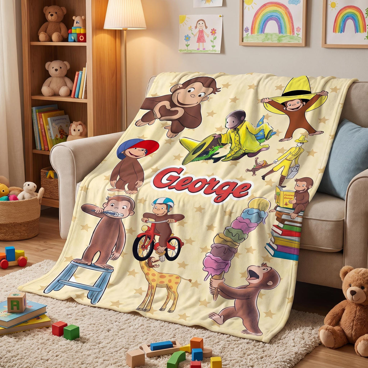 Personalized Monkey Kids Blanket, Custom Playful Cartoon Animal Throw, Nursery Bedding for Boys and Girls, Toddler Shower Gift