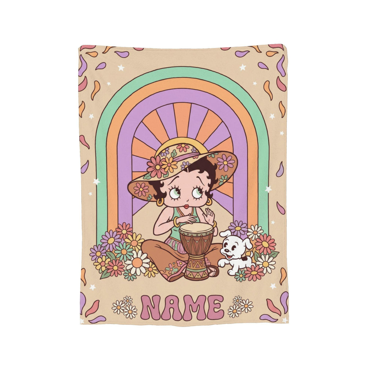 Customizable Betty Boop Boho Rainbow Flannel Blanket, Personalized Retro Throw, Cozy Birthday Gift for Her Women Mom Sister