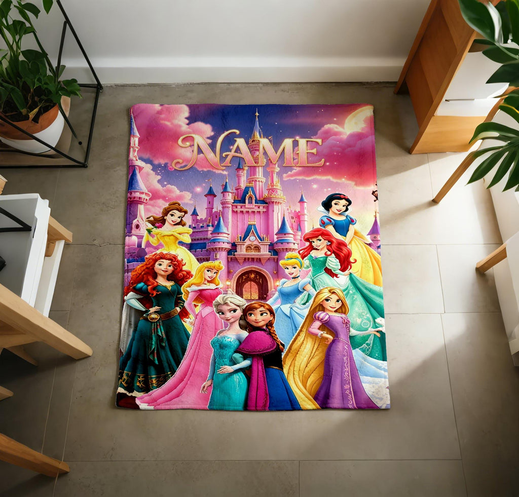 Disney Princess Rainbow Castle Blanket Soft Throw, Custom Name Printed Cover For Little Girls