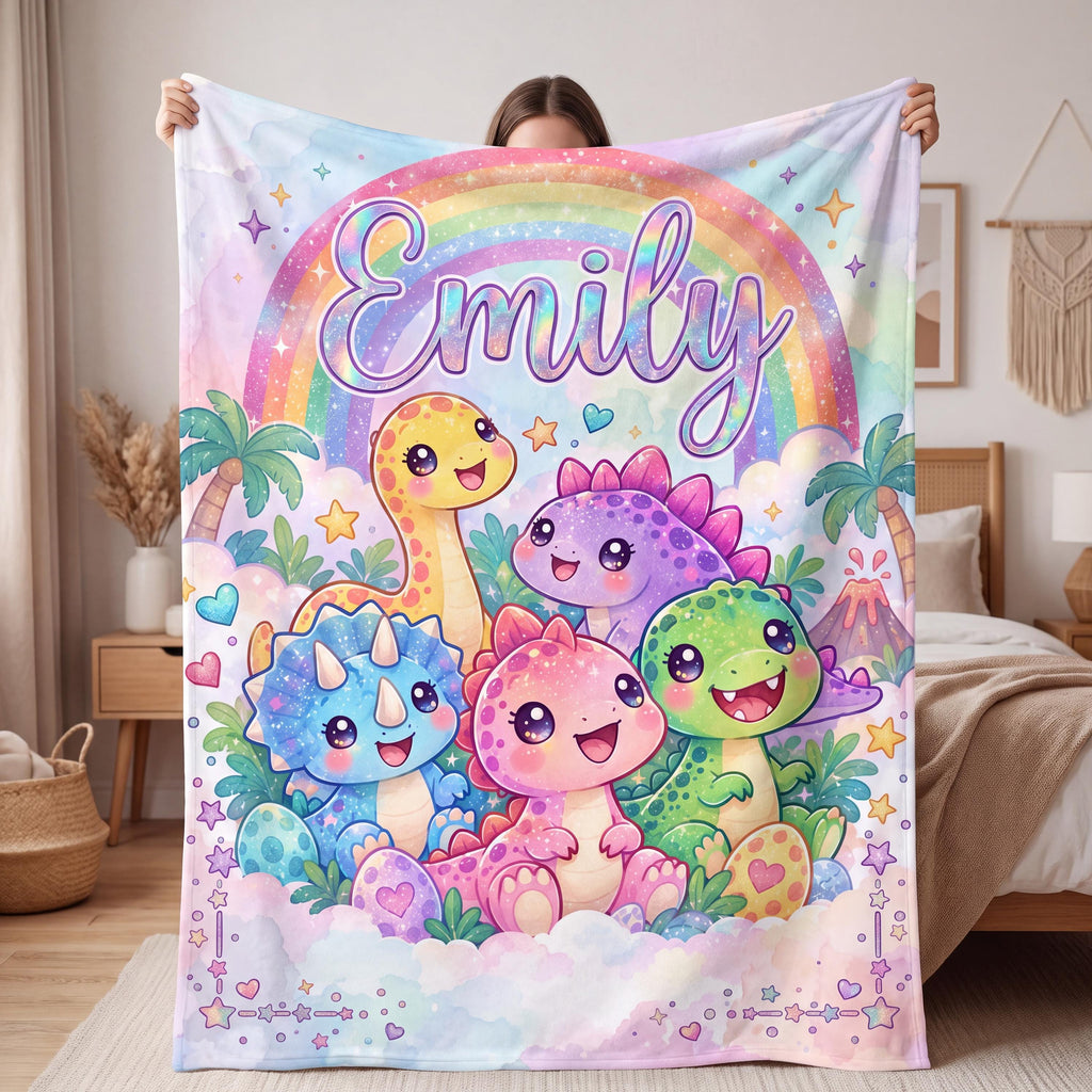 Watercolor Dinosaur Nursery Bedding, Personalized Pastel Dino Blanket for Kids, Rainbow Toddler Nap Throw, Baby Shower Gift for Boy Girl