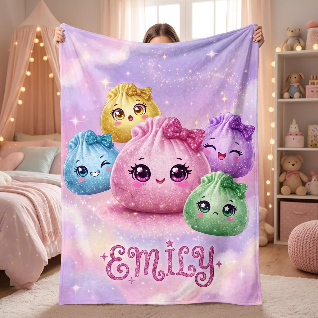Personalized Kawaii Dumpling Blanket, CustomName Pastel Kids Throw, Cute Magical Girl NurseryDecor, Baby Shower Gift for Girls