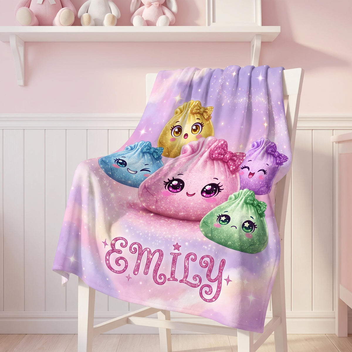 Personalized Kawaii Dumpling Blanket, CustomName Pastel Kids Throw, Cute Magical Girl NurseryDecor, Baby Shower Gift for Girls