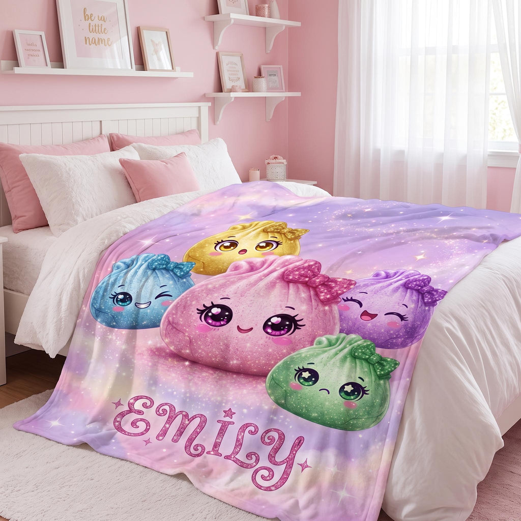 Personalized Kawaii Dumpling Blanket, CustomName Pastel Kids Throw, Cute Magical Girl NurseryDecor, Baby Shower Gift for Girls