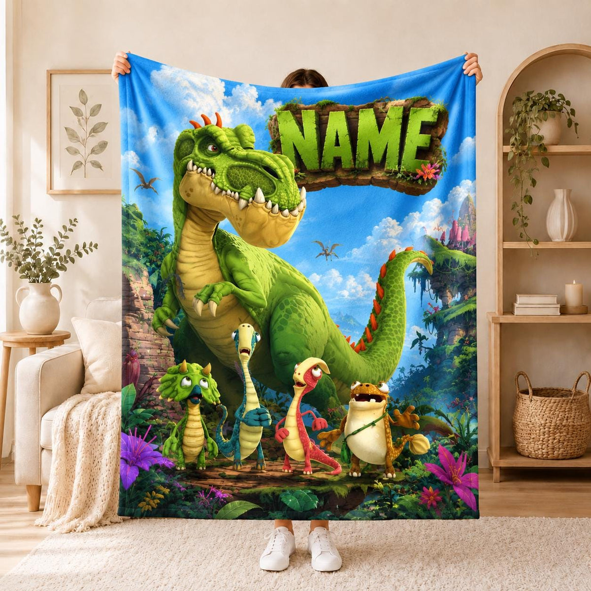 Toddler Giant Dinosaur Blanket Soft Throw, Custom Name Prehistoric Character Bed Throw