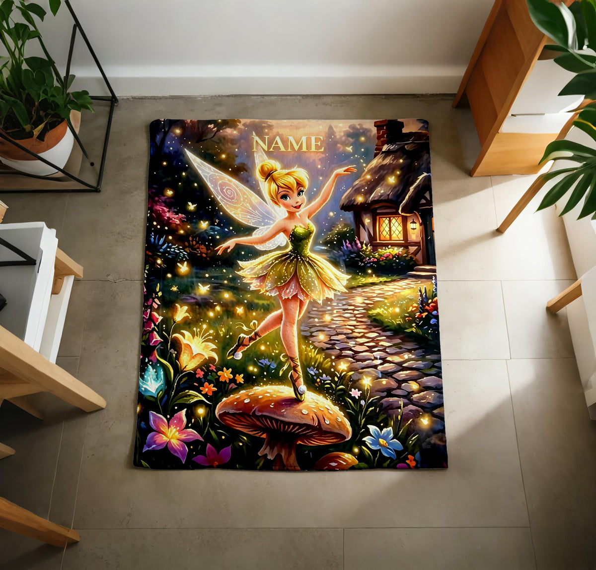 Personalized Tinker Bell Blanket Soft Throw, Fairy Cottage Art, Gift For Young Girls