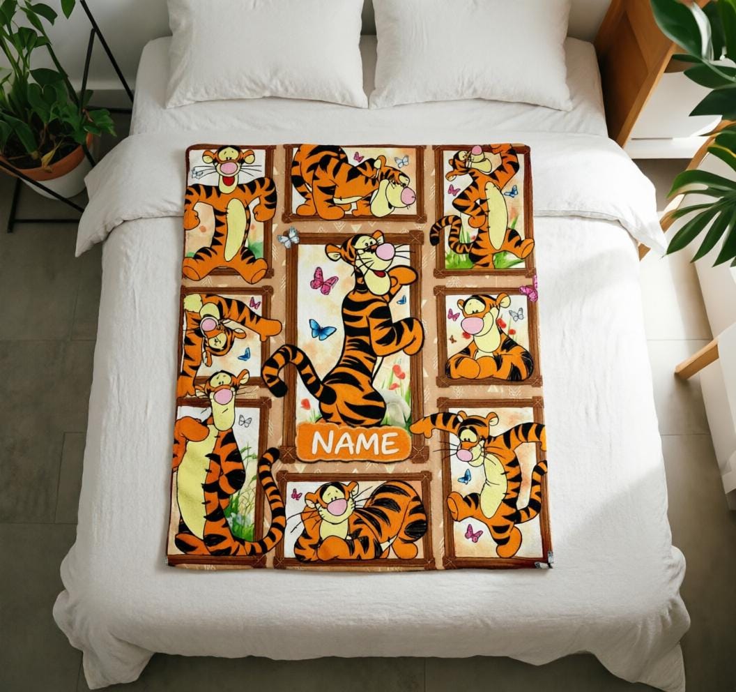 Custom Name Tigger Blanket Soft Throw, Multi‑Frame Collage, Gift For Energetic Kids