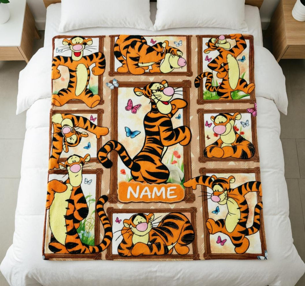 Custom Name Tigger Blanket Soft Throw, Multi‑Frame Collage, Gift For Energetic Kids