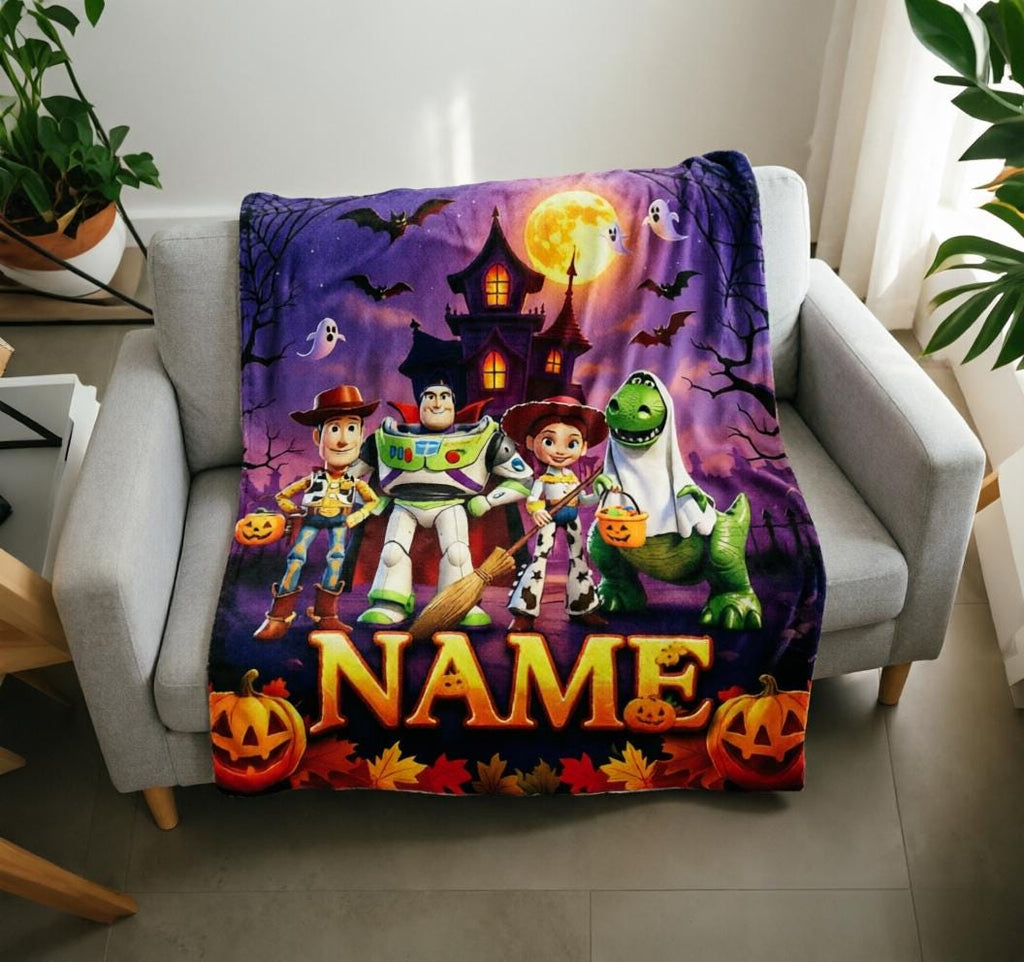 Custom Toy Story Halloween Blanket, Woody Buzz Jessie Rex, Soft Flannel Throw (Personalized Name)