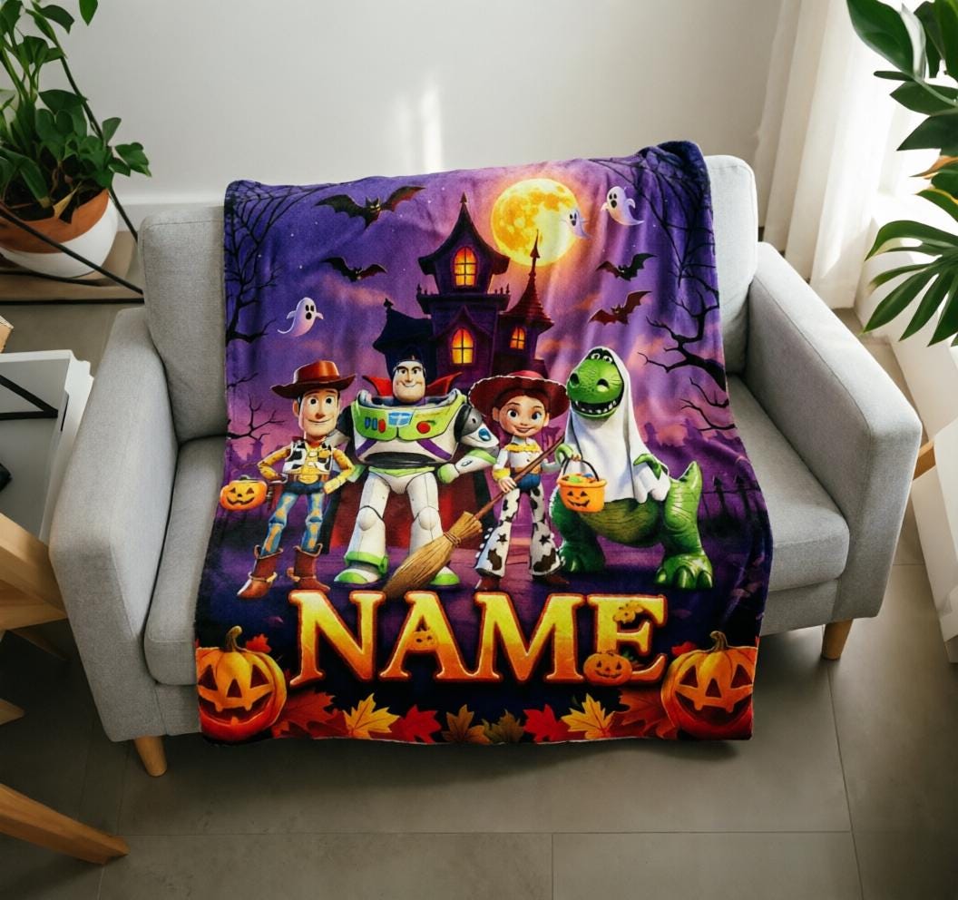 Custom Toy Story Halloween Blanket, Woody Buzz Jessie Rex, Soft Flannel Throw (Personalized Name)