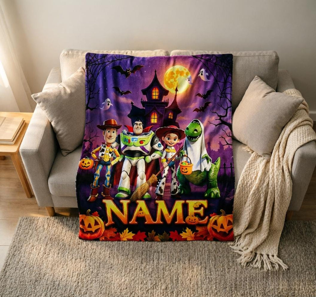 Custom Toy Story Halloween Blanket, Woody Buzz Jessie Rex, Soft Flannel Throw (Personalized Name)