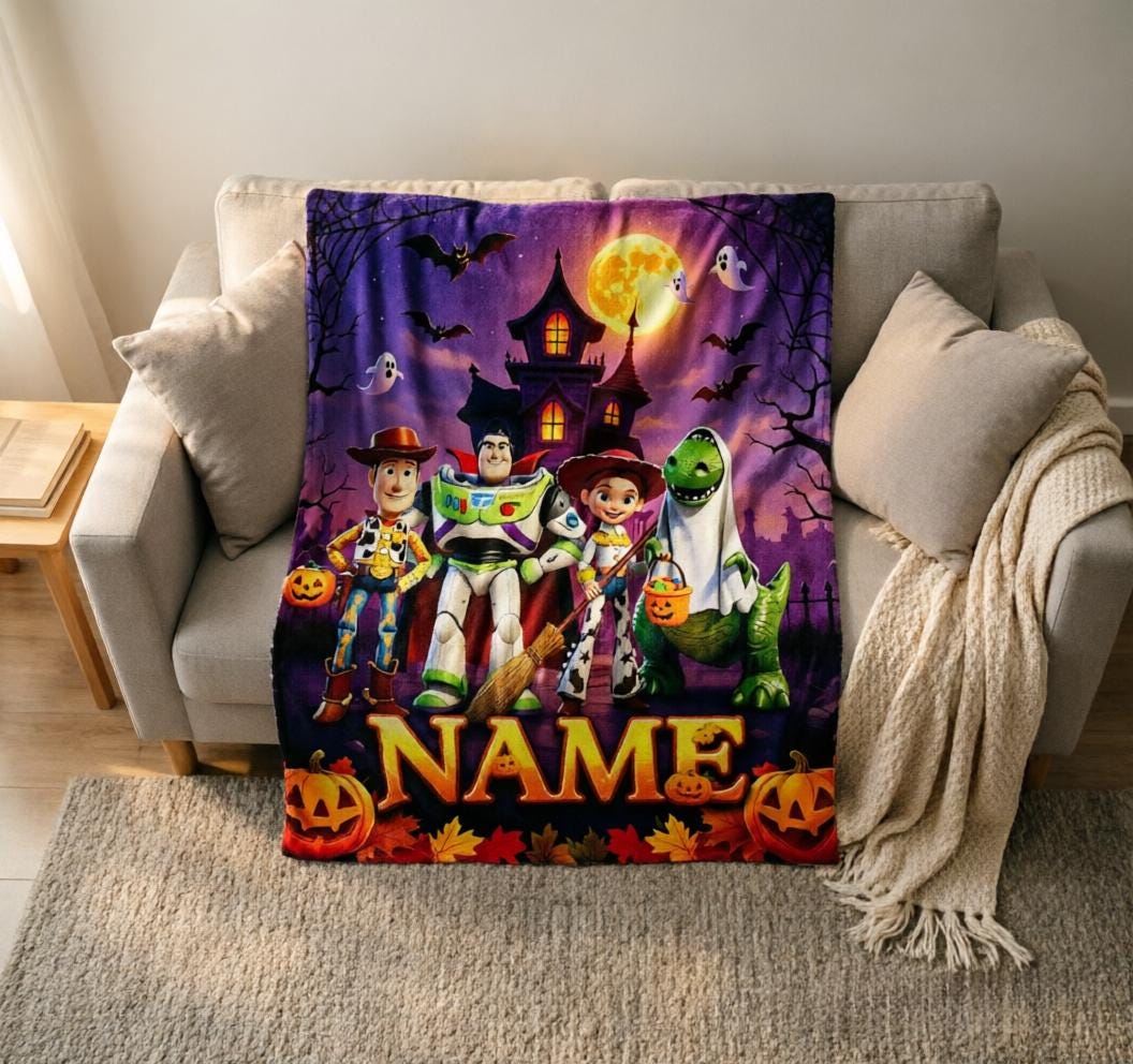Custom Toy Story Halloween Blanket, Woody Buzz Jessie Rex, Soft Flannel Throw (Personalized Name)