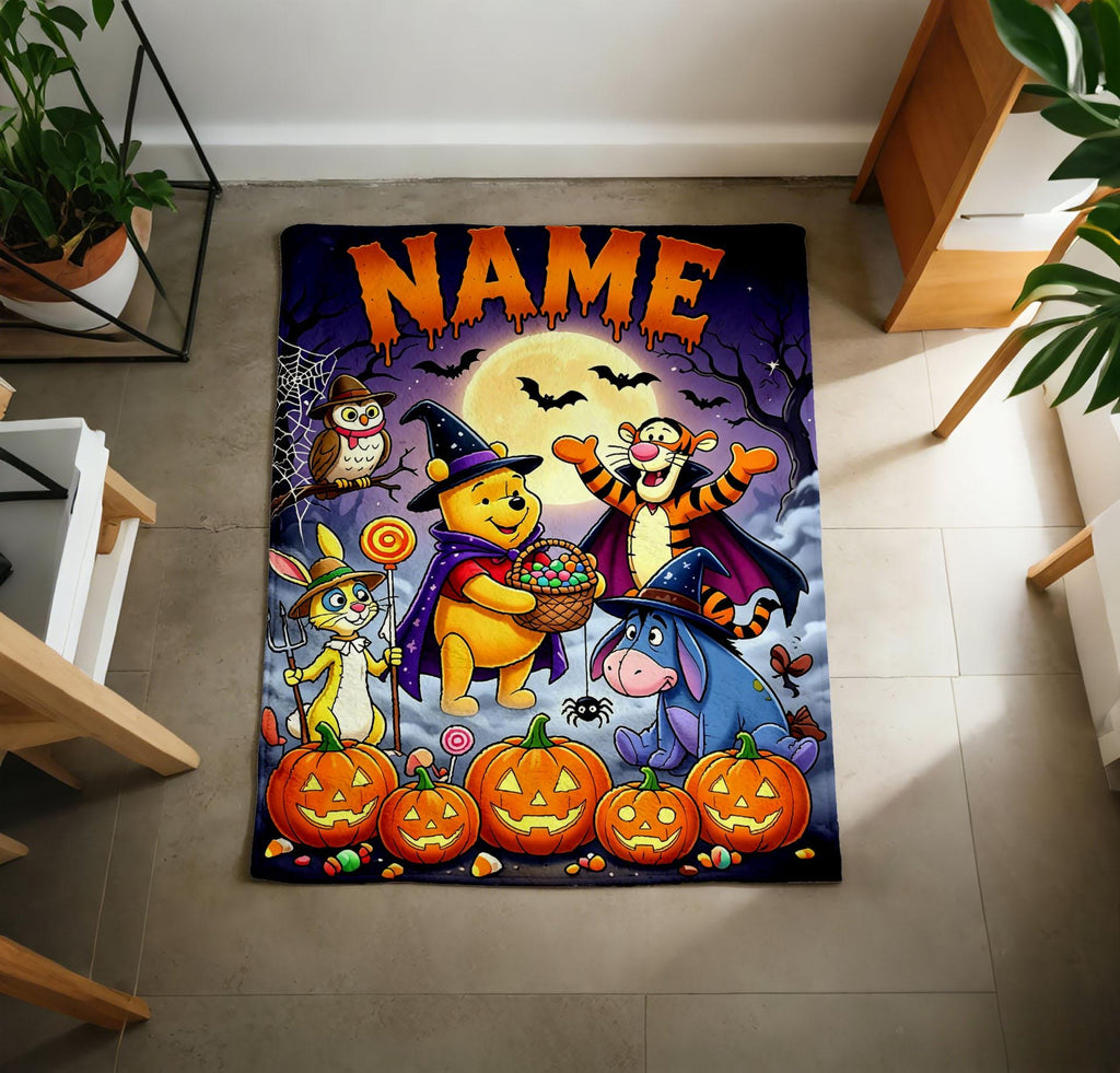 Custom Name Winnie Pooh Halloween Blanket Soft Throw, Spooky Cartoon Character Throw Blanket, Birthday Halloween Gift For Children