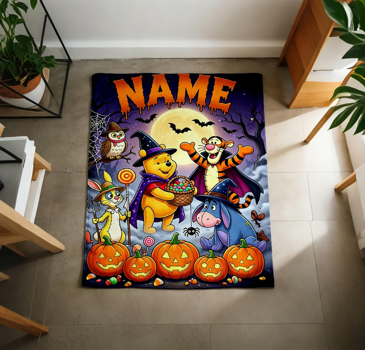Custom Name Winnie Pooh Halloween Blanket Soft Throw, Spooky Cartoon Character Throw Blanket, Birthday Halloween Gift For Children