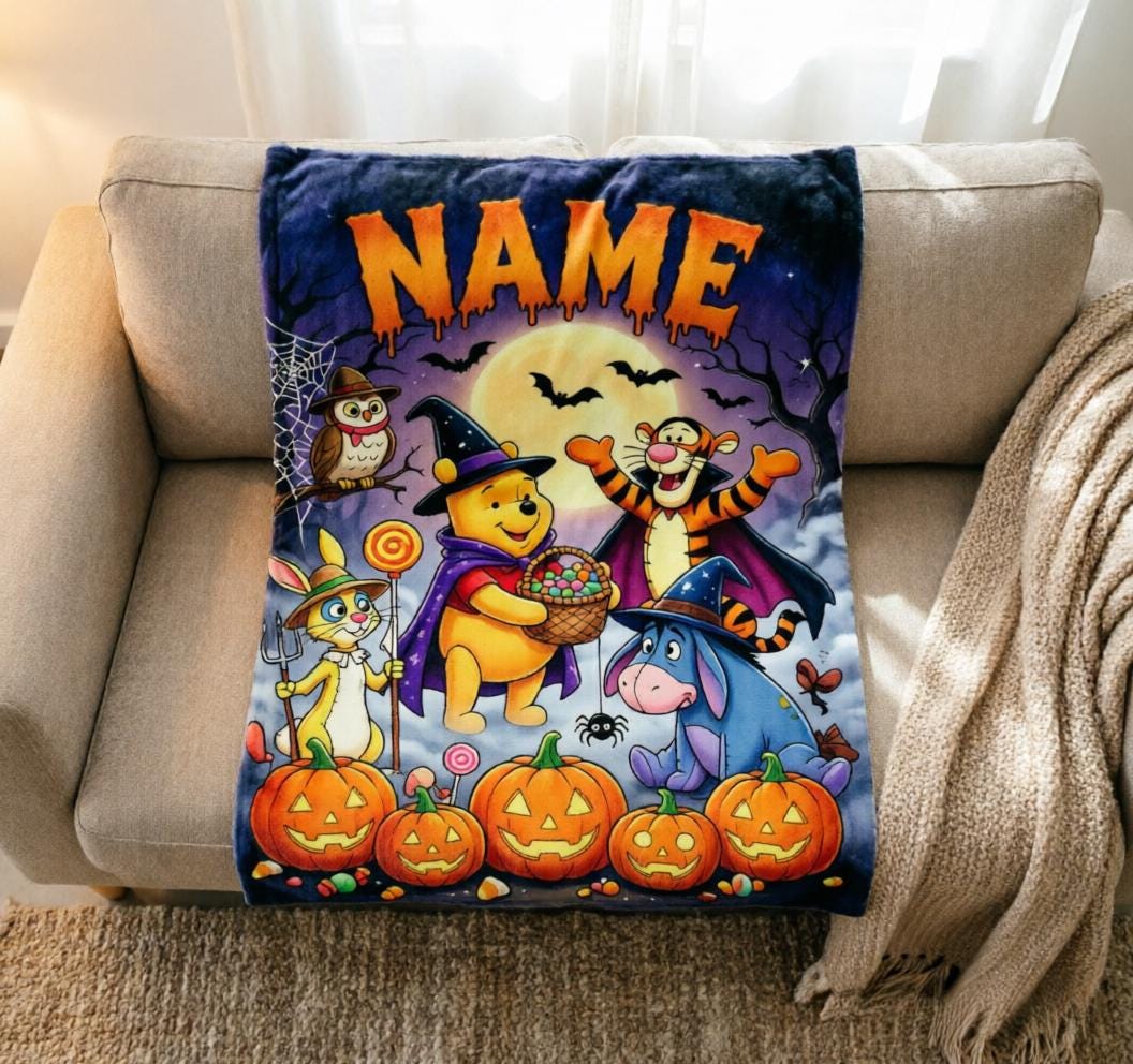 Custom Name Winnie Pooh Halloween Blanket Soft Throw, Spooky Cartoon Character Throw Blanket, Birthday Halloween Gift For Children