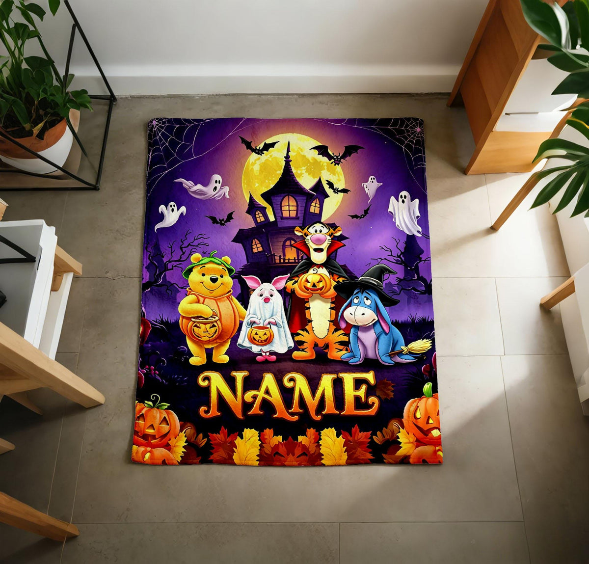 Custom Name Winnie the Pooh Halloween Throw Blanket, Soft Flannel, Spooky Characters (Personalized)
