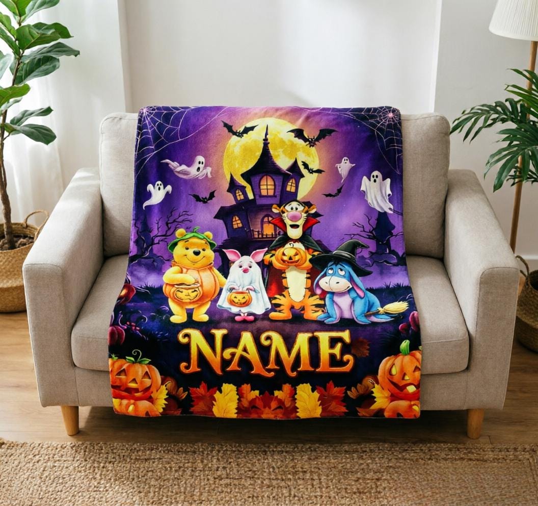 Custom Name Winnie the Pooh Halloween Throw Blanket, Soft Flannel, Spooky Characters (Personalized)