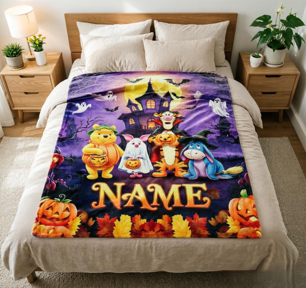 Custom Name Winnie the Pooh Halloween Throw Blanket, Soft Flannel, Spooky Characters (Personalized)