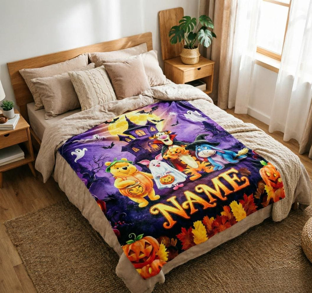 Custom Name Winnie the Pooh Halloween Throw Blanket, Soft Flannel, Spooky Characters (Personalized)