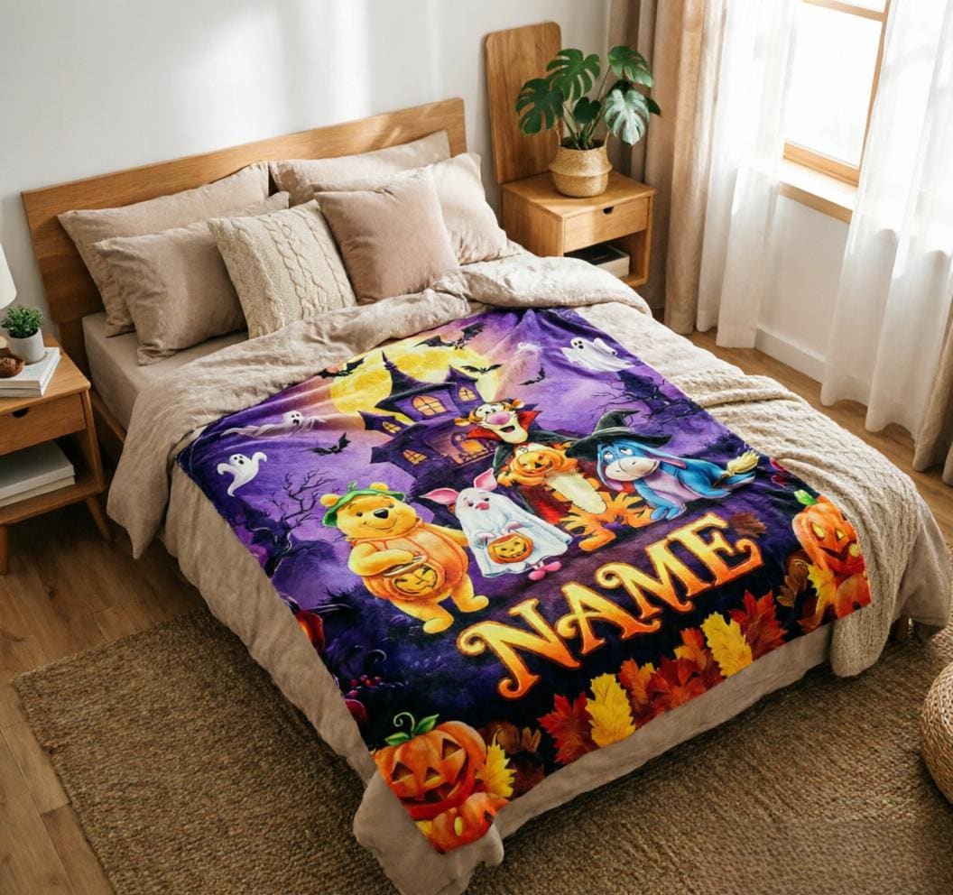 Custom Name Winnie the Pooh Halloween Throw Blanket, Soft Flannel, Spooky Characters (Personalized)
