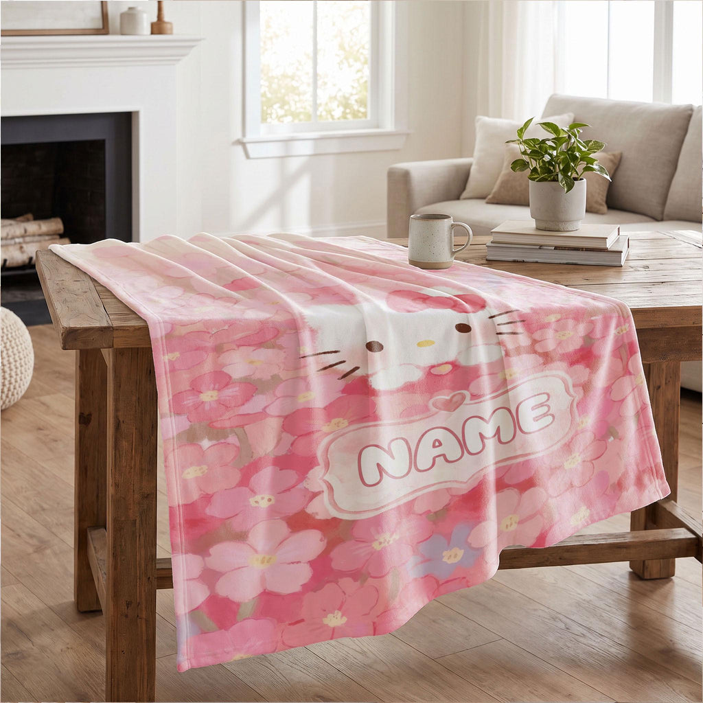 Hello Kitty Floral Sea Blanket, Pink Romantic Watercolor Throw, Sanrio Aesthetic Bedding, Sweet Girls Gift
