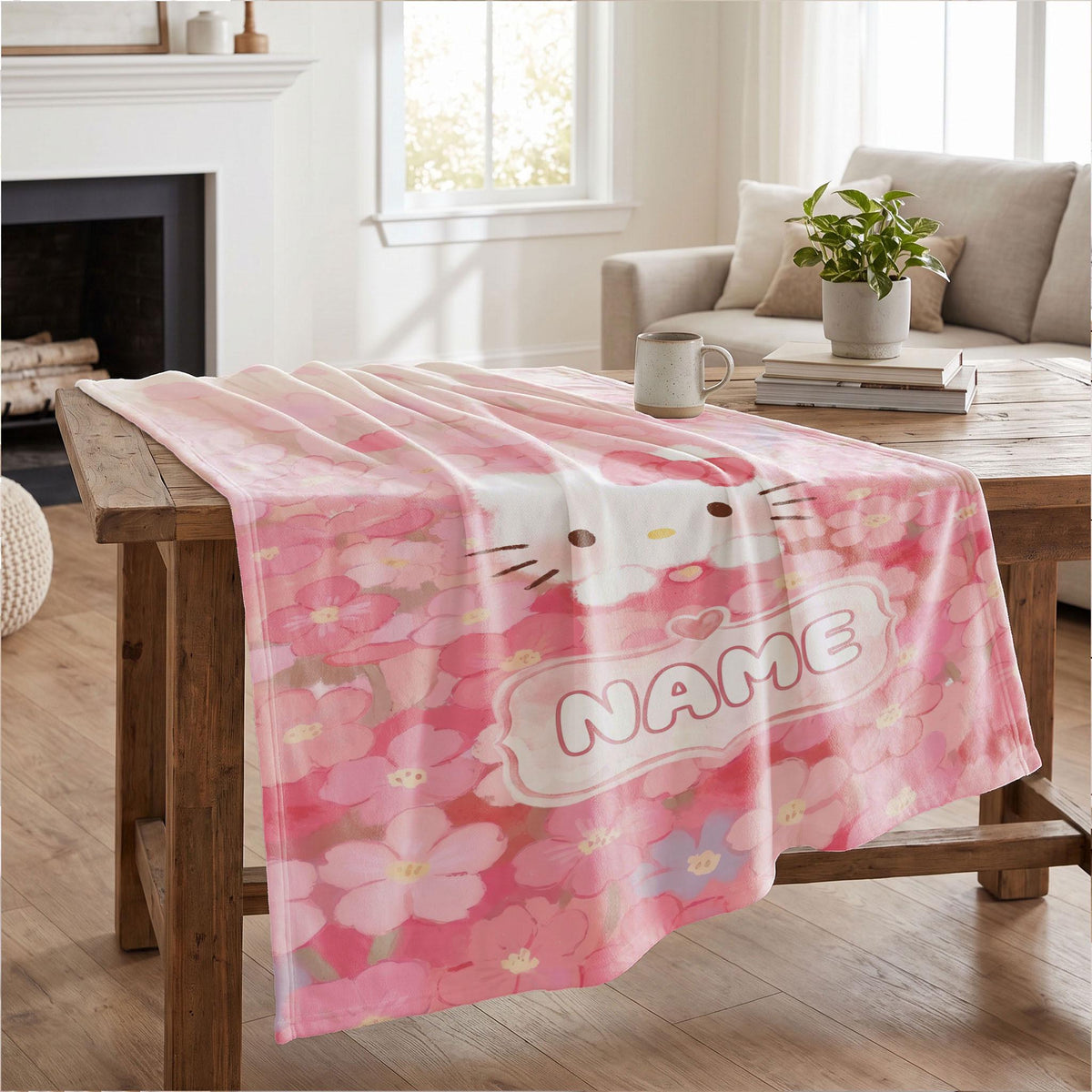 Hello Kitty Floral Sea Blanket, Pink Romantic Watercolor Throw, Sanrio Aesthetic Bedding, Sweet Girls Gift