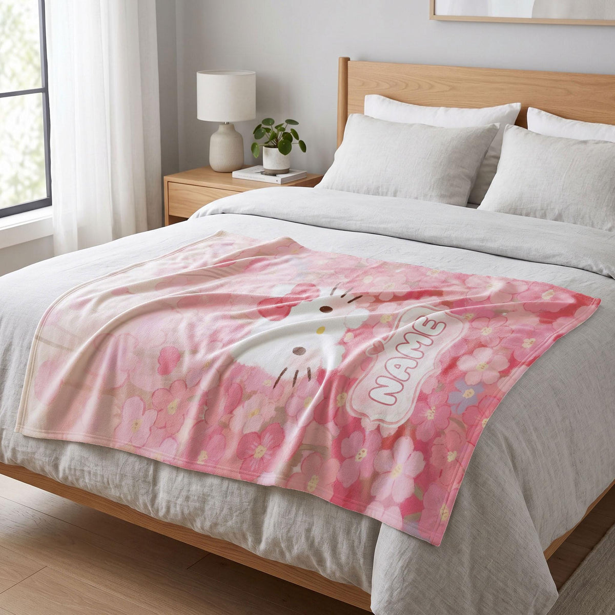 Hello Kitty Floral Sea Blanket, Pink Romantic Watercolor Throw, Sanrio Aesthetic Bedding, Sweet Girls Gift