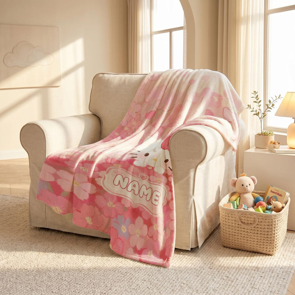 Hello Kitty Floral Sea Blanket, Pink Romantic Watercolor Throw, Sanrio Aesthetic Bedding, Sweet Girls Gift