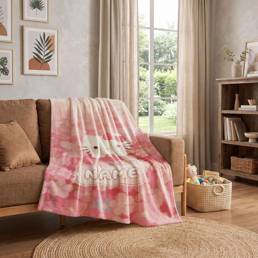 Hello Kitty Floral Sea Blanket, Pink Romantic Watercolor Throw, Sanrio Aesthetic Bedding, Sweet Girls Gift