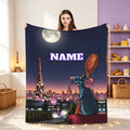 Personalized Chef Mouse Flannel Blanket, Custom Name Paris Night Throw Blanket, Cozy Cartoon Inspired Gift for Kids Adults